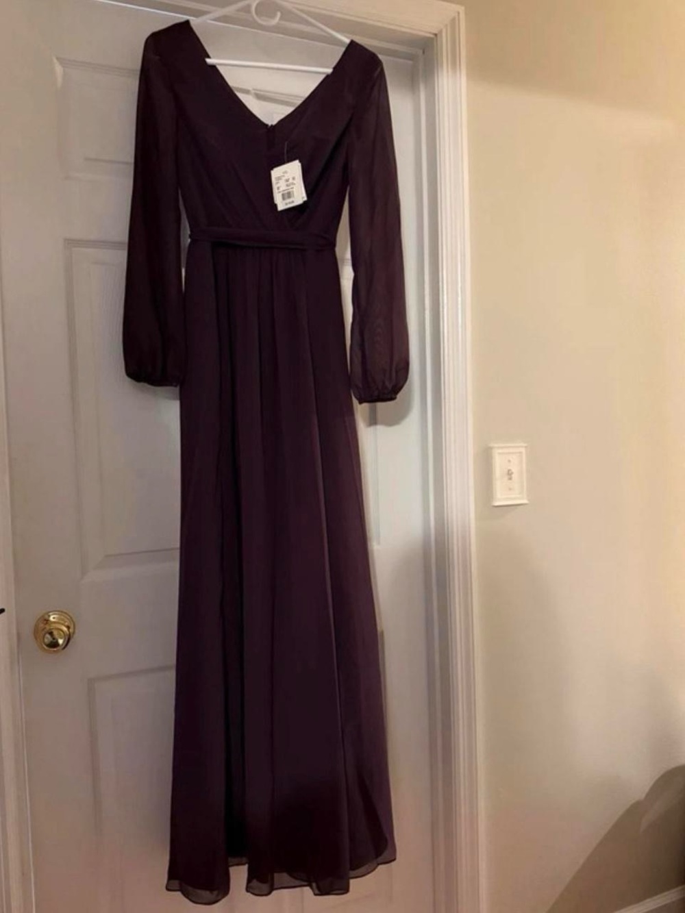 David's Bridal Long Sleeve V-Neck Plum Maxi Gown
